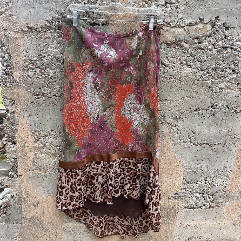 Vintage Slb Patchwork Slip Skirt 90s Y2K Animal Print Hem Boho Leopard Women L